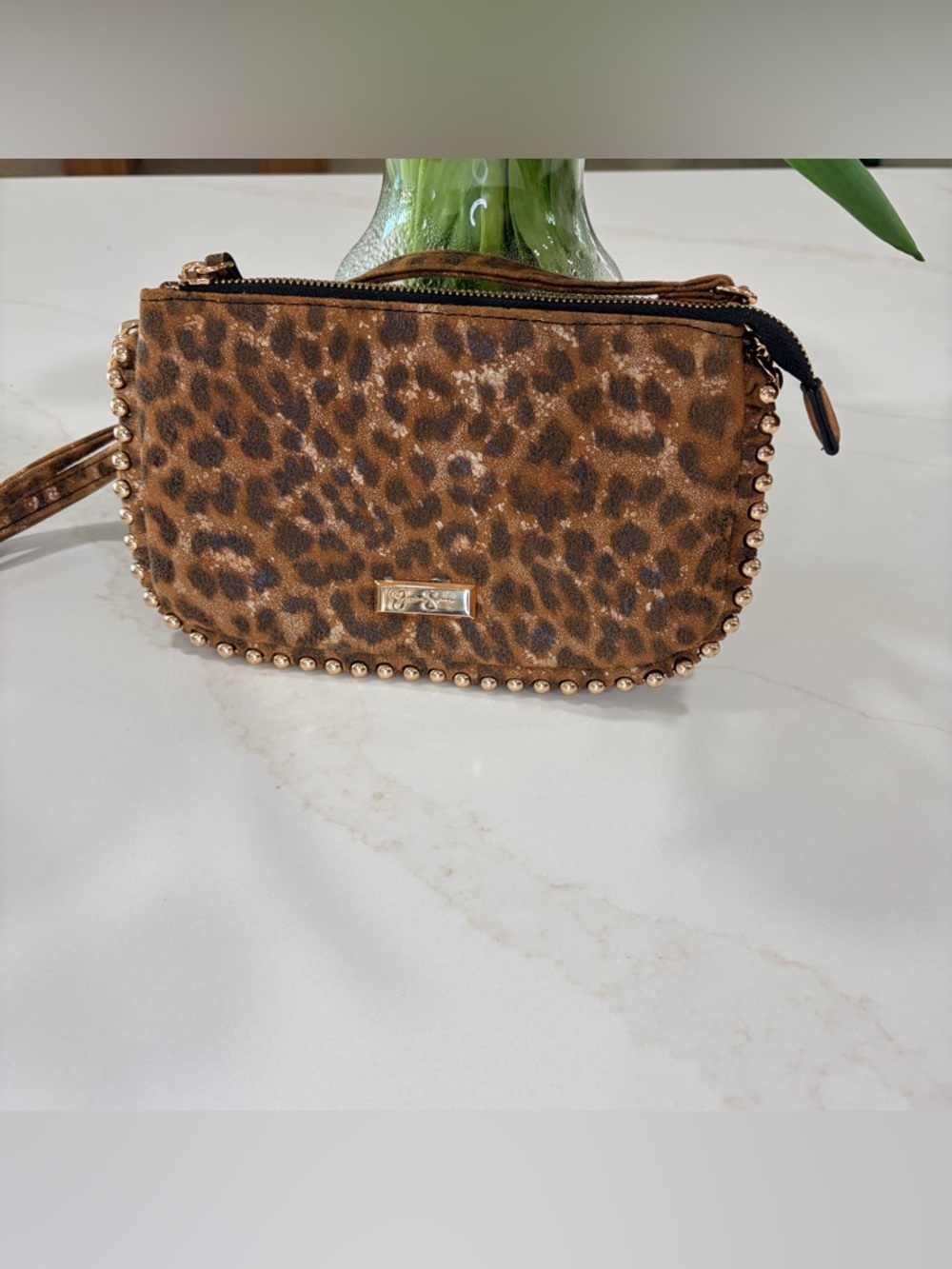Jessica Simpson Leopard Print crossbody in Brown with Gold Studs
